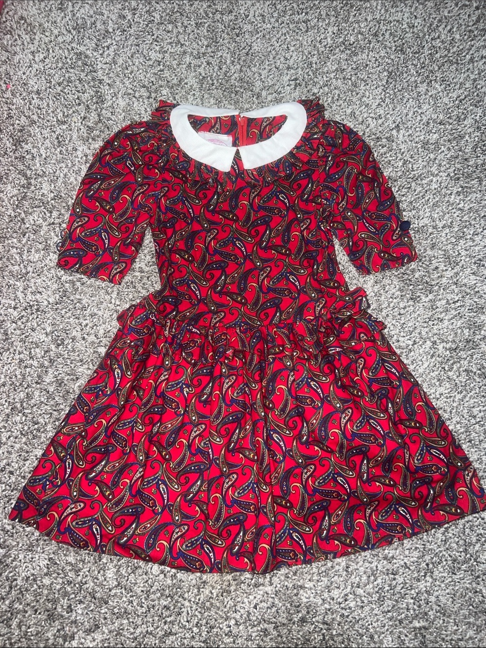 Vintage Girls Red Paisley Dress with White Peter Pan Collar